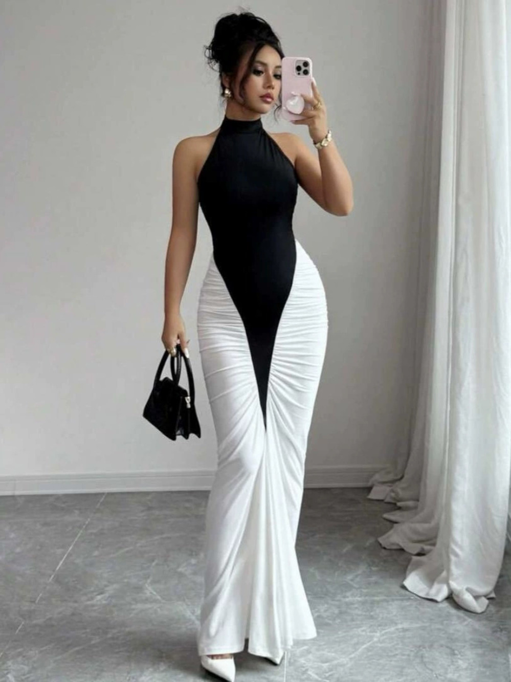 Zara Halter Backless Pleated Color Block Bodycon Dress